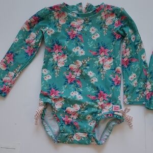 Ruffle Butts Floral Kids Swim One Piece - Teal and Pink